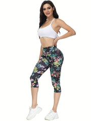 High Waist Yoga Capris w/ Pockets Tummy Control Floral Print Non See Through