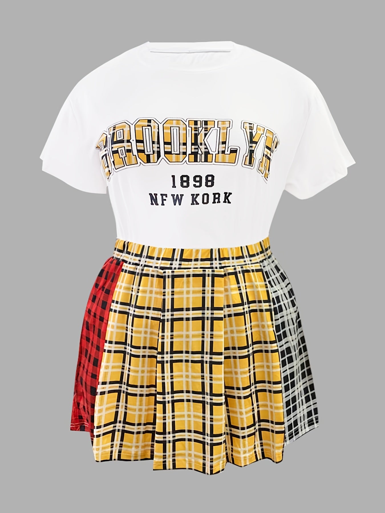  Plaid & Letter Print Tee & Mini Skirt Set