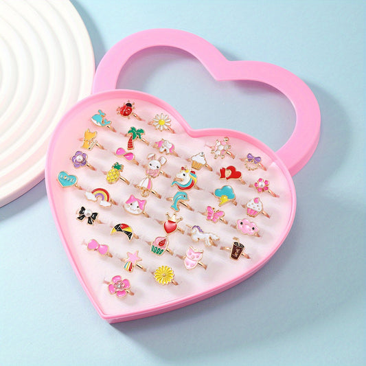 36Pcs Colorful Assorted Shaped Enamel Alloy Ring Set for Girls
