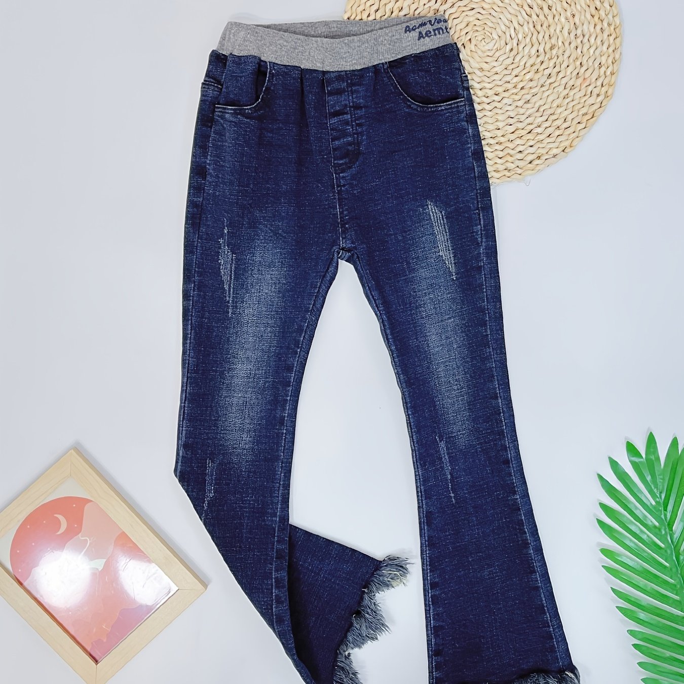 Girls Flared Jeans Denim Pants Elastic Waistband