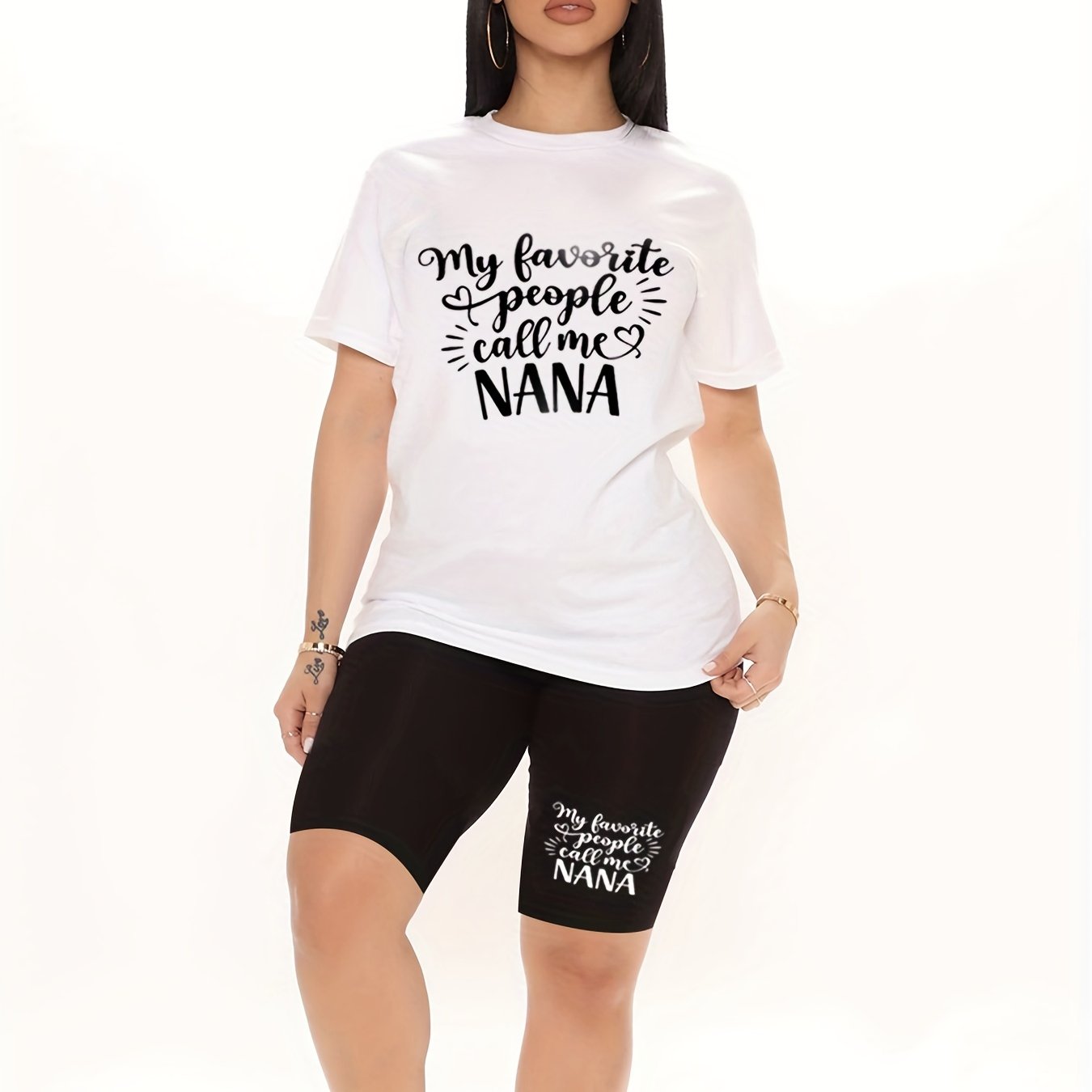 Women's Plus Letter Print Tee & Biker Shorts Set