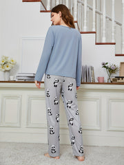 Panda Print Pajama Set Long Sleeve Crew Neck Top & Pants Women's Sleepwear