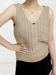 V Neck Knitted Tank Top Solid Sleeveless Casual Knitted Top