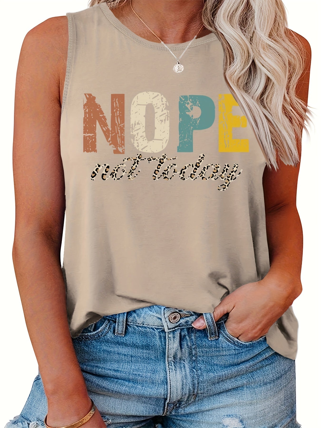  Casual Tank Top Women's Plus Letter Print Round Neck Slight Stretch
