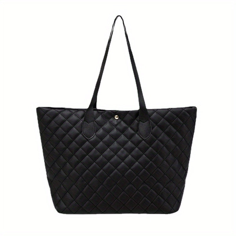 Argyle Quilted Tote Bag Large Capacity Stylish PU Leather Handbag
