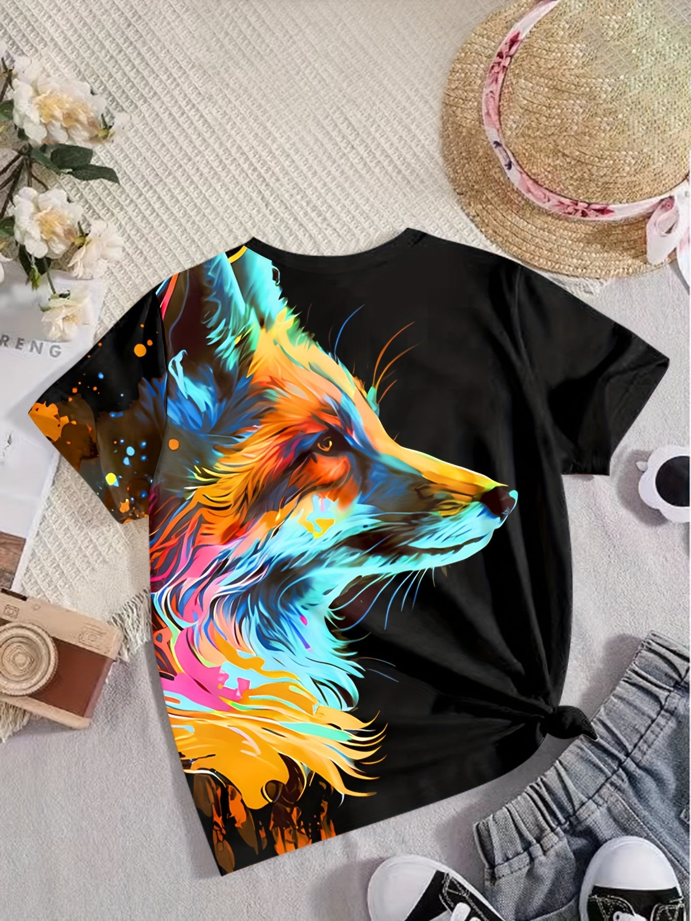 Tie Dye Fox Graphic Short Sleeve T shirt Girls Summer Tops