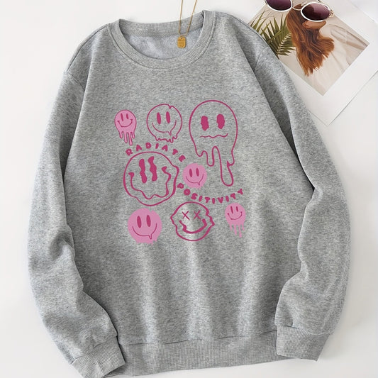 Smiling Face Print Loose Long Sleeve Sweatshirt for Women