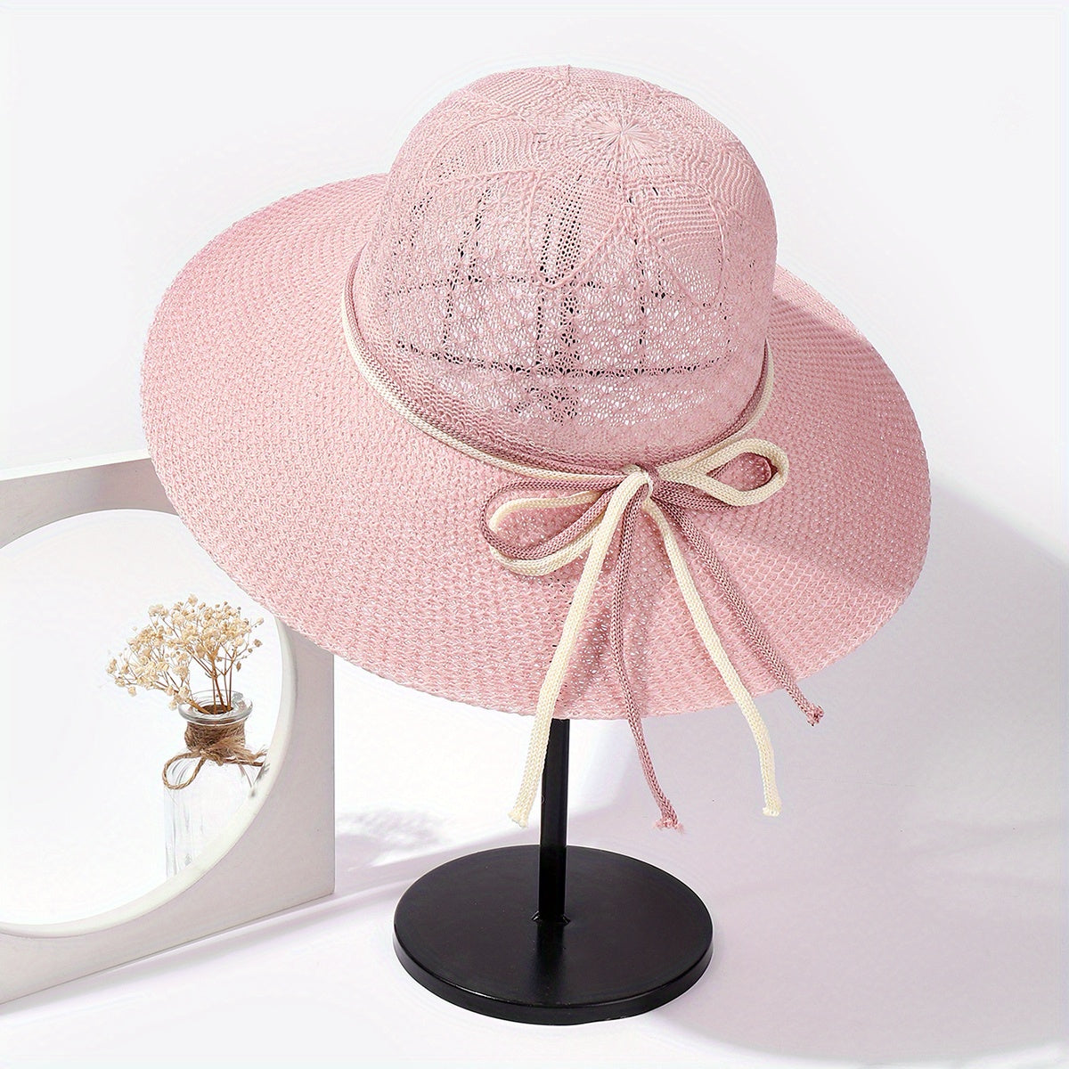Crochet Sun Hat Hollow Out Basin Hat Rope Bowknot Travel Beach Hat