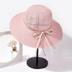 Crochet Sun Hat Hollow Out Basin Hat Rope Bowknot Travel Beach Hat