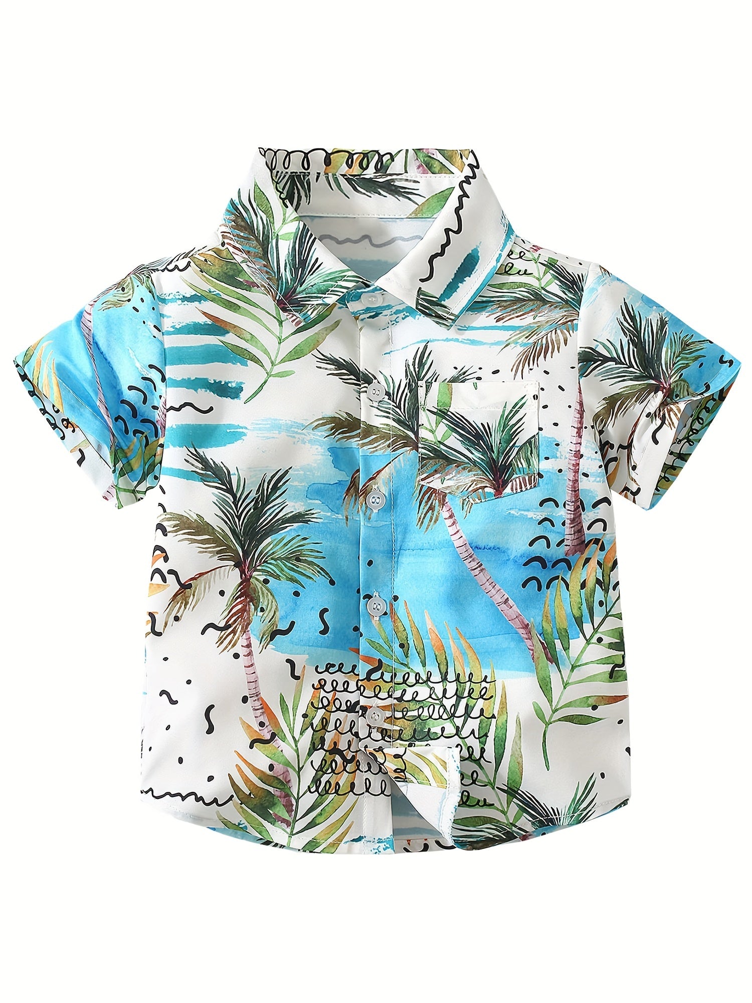 Blooming Flower Print Boys Top Short Sleeve Lapel Shirt for Summer