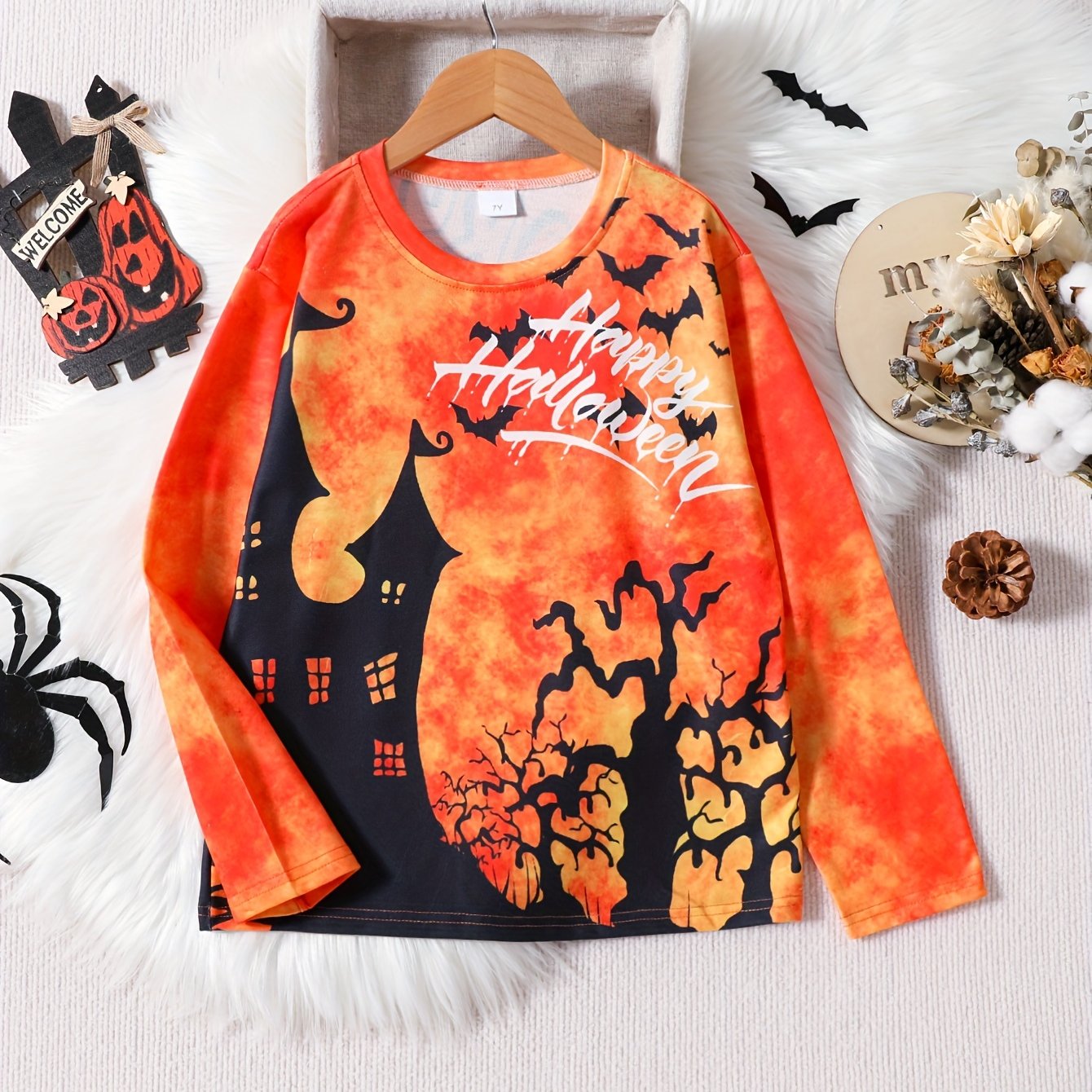 3D Printed Halloween Castle Long-sleeved T-shirt for Kids