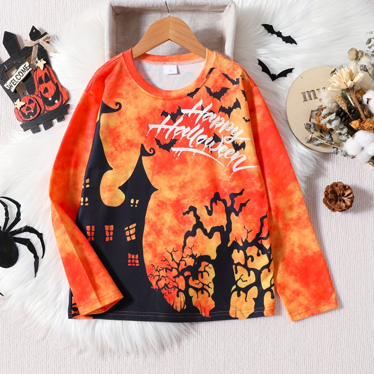 3D Printed Halloween Castle Long-sleeved T-shirt for Kids