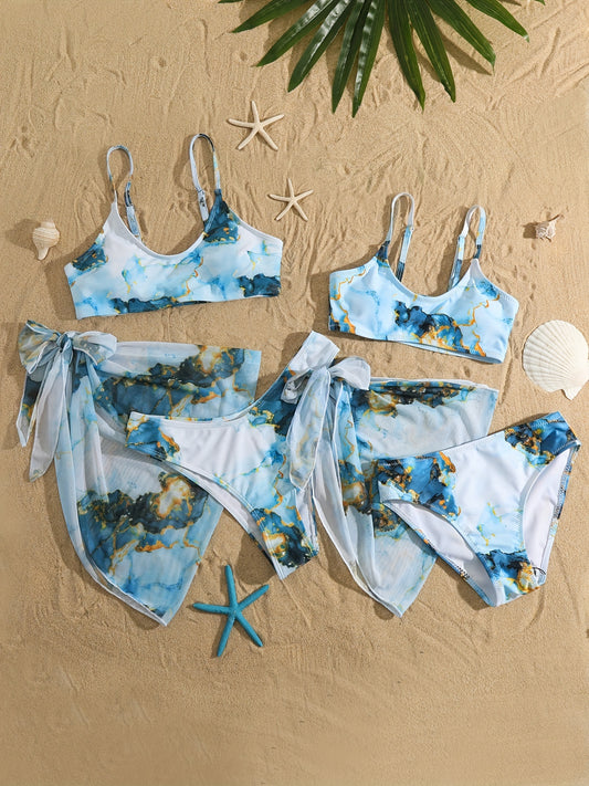 Marble Graphic Swimsuits & Cover Up Set for Mother and Daughter