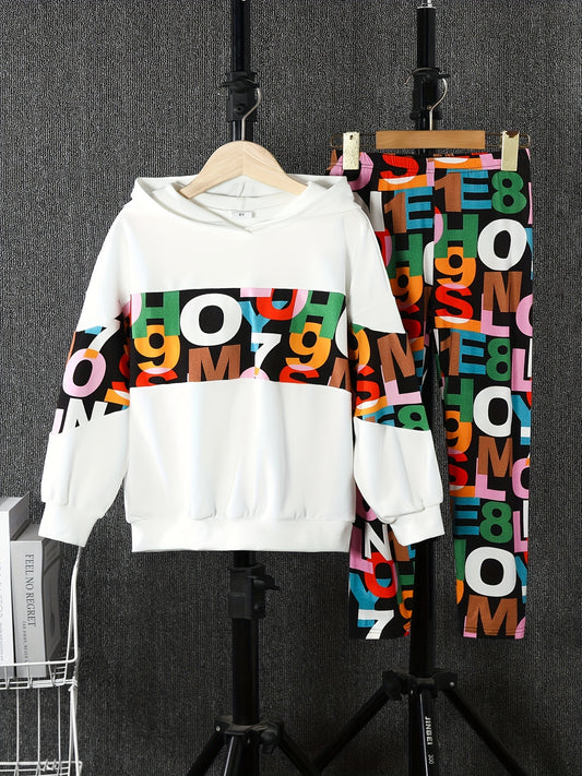 Girls Hoodie & Sweatpants Set Colorful Letter Print Casual Outfits
