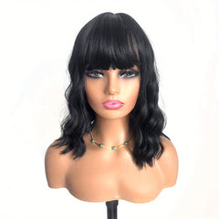 35 56 Cm Pink Body Wave Hair Wigs With Bangs Shoulder Length Short Bob Wavy Wigs