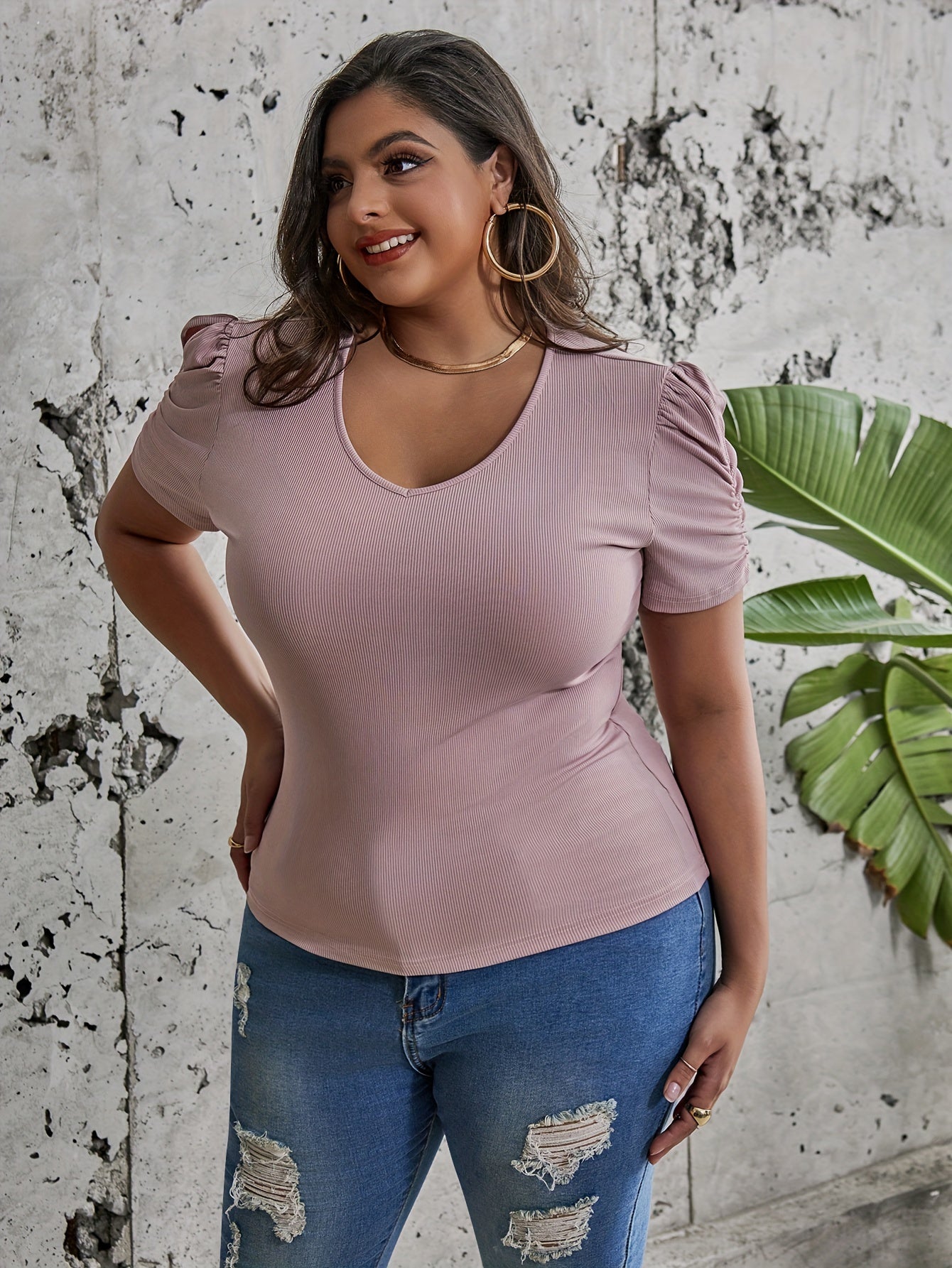  Solid Ribbed Puff Sleeve V Neck Knit Top