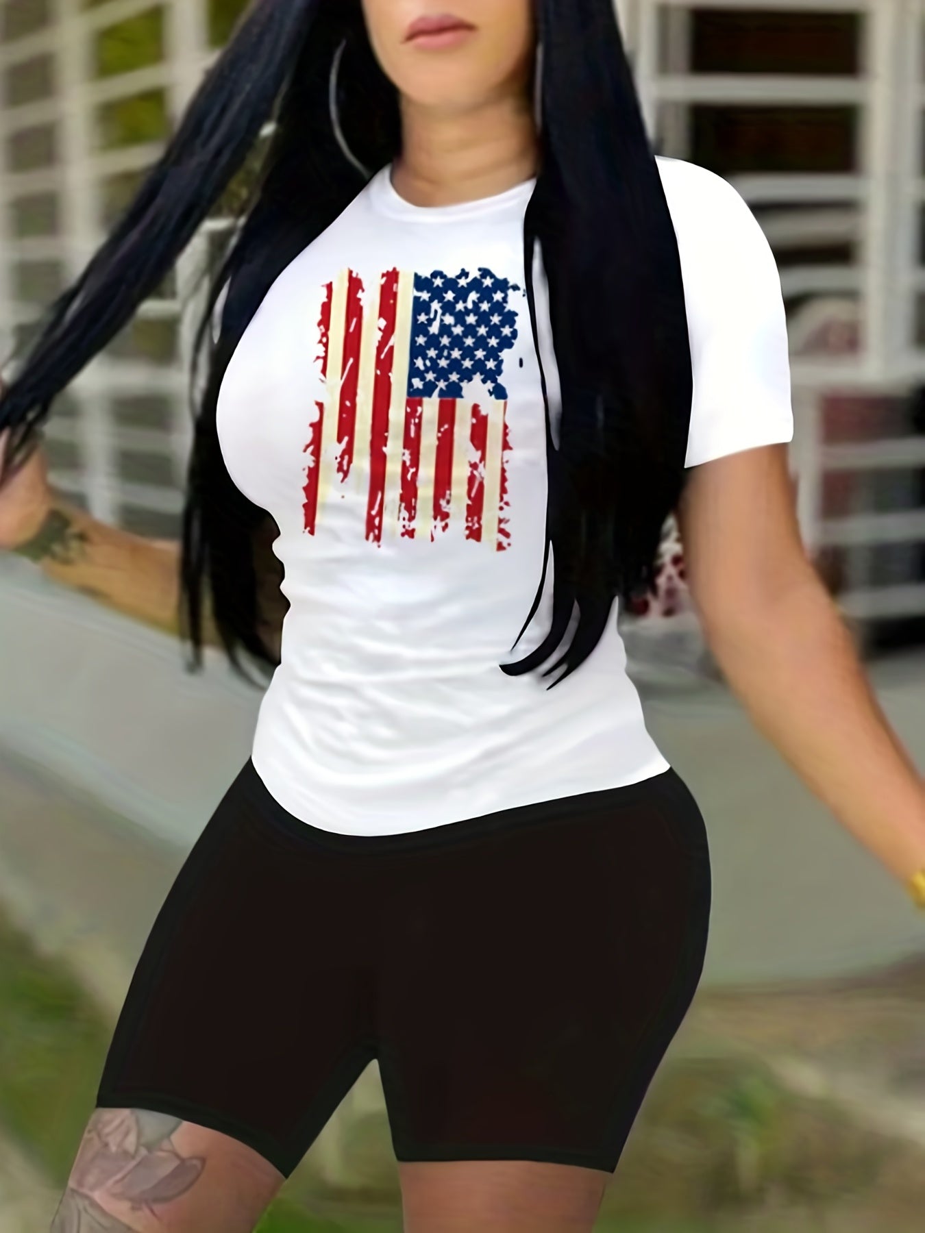 Women's Plus Flag Lip Print Tee & Shorts Set
