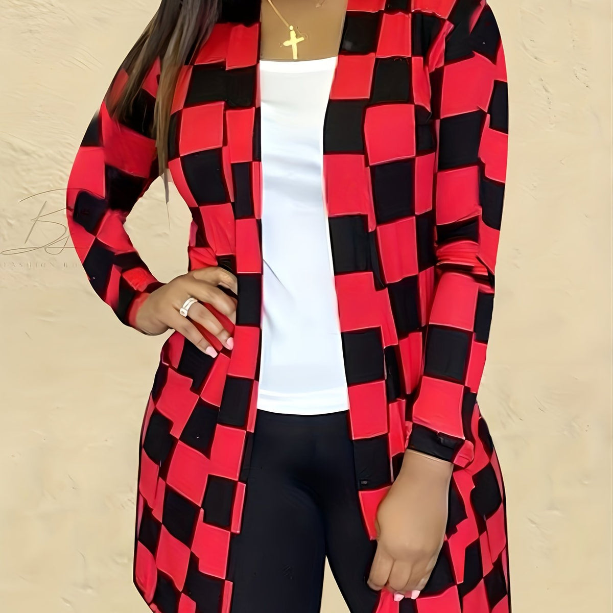  Checker Print Open Front Cardigan