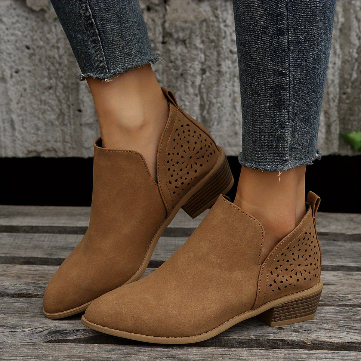 Women's Perforated Short Boots Retro Pointed Toe Stacked Chunky Heels