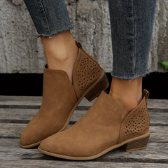 Women's Perforated Short Boots Retro Pointed Toe Stacked Chunky Heels