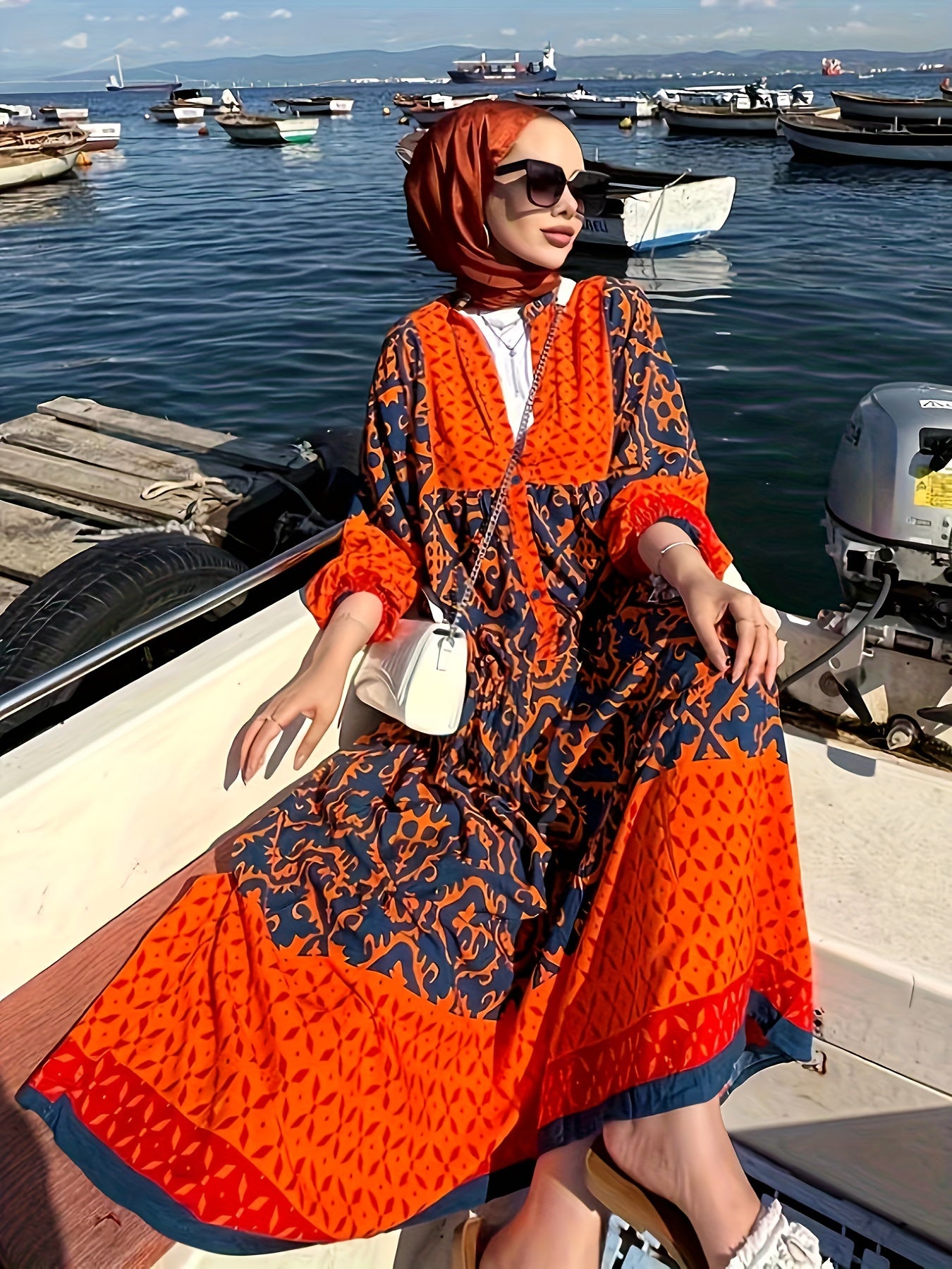  Colorblock Damask Print Kaftan Dress with Lantern Sleeves
