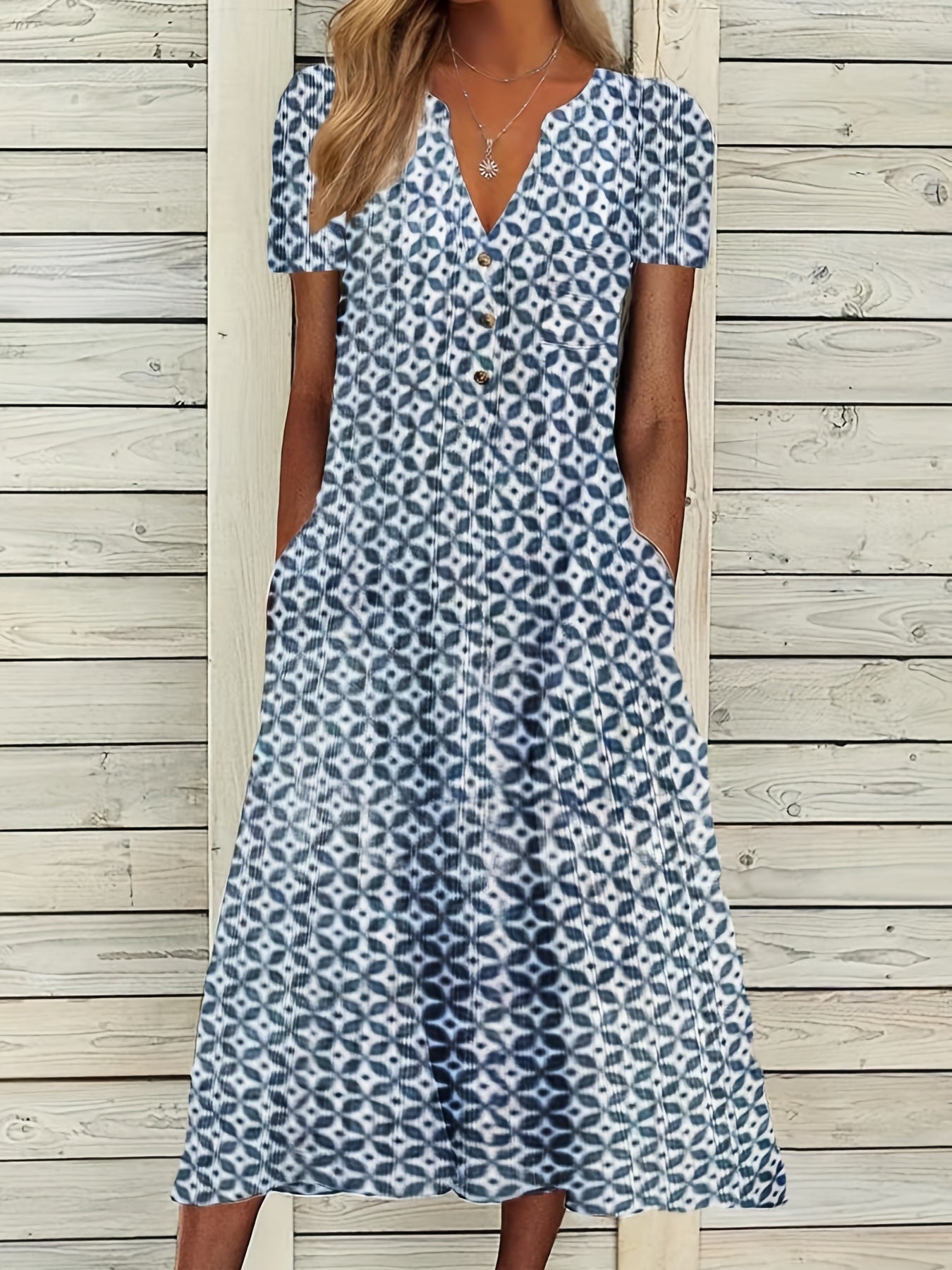 Button Front Allover Print Dress Casual Short Sleeve Dress