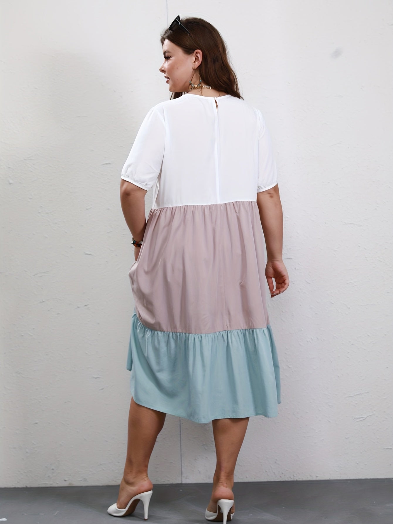  Colorblock Short Sleeve Round Neck Midi Smock Dress