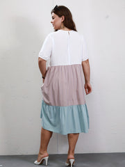  Colorblock Short Sleeve Round Neck Midi Smock Dress