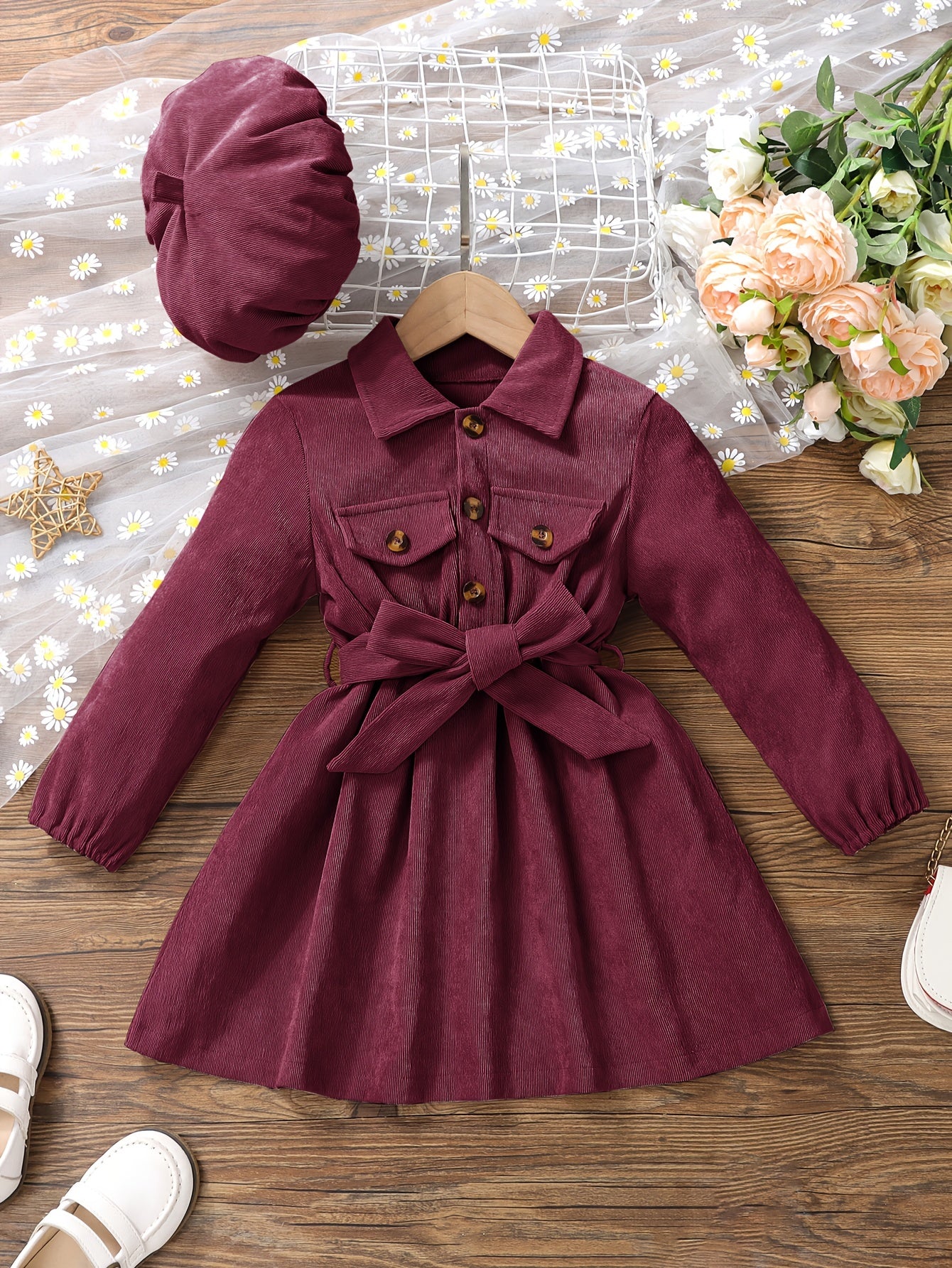 Girls Corduroy Button Front Collar Neck Dress Set