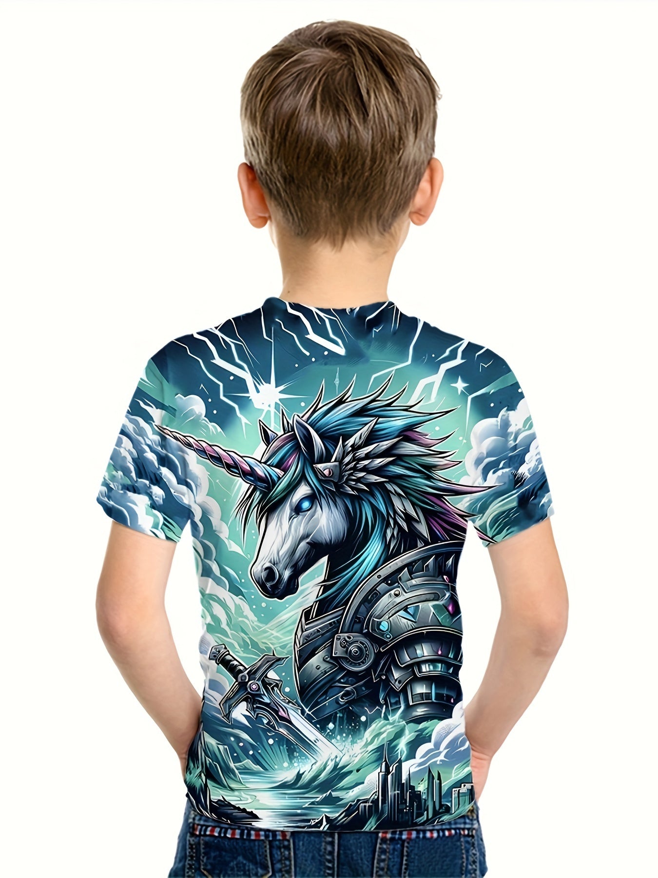 Unicorn Warrior 3D Print Boy's Tee Short Sleeve Comfy T shirt Kids Summer Clothi