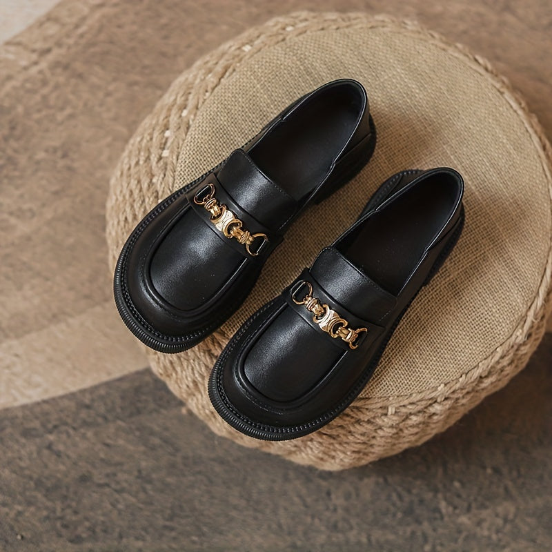 Women's Metallic Chunky Heel Loafers Faux Leather Shoes