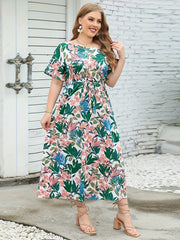 Plus Size Tropical Print V Neck Midi Dress
