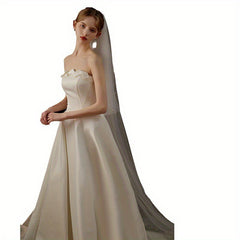 Beaded Bridal Veil with Long Train Double Layer Bowknot for Weddings