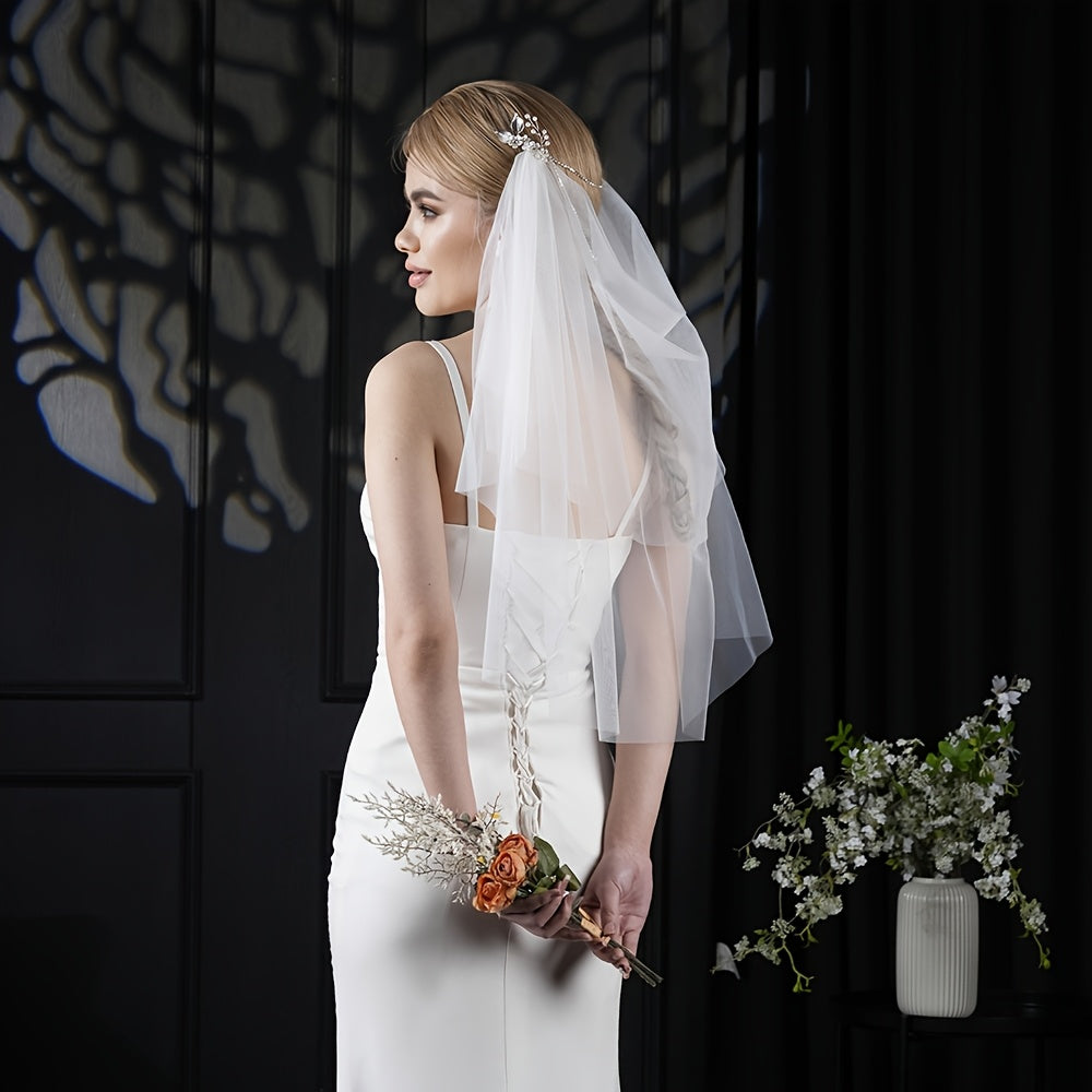 Bridal Veil Headpiece with Golden Leaf & Rhinestone Embellishments