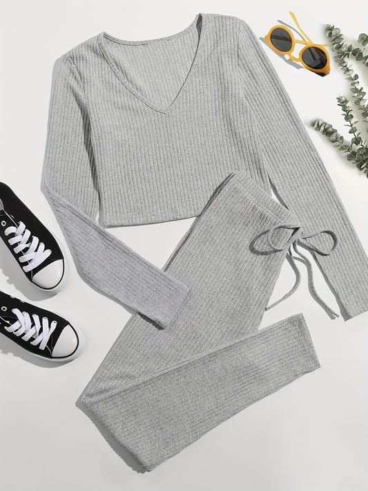 Long Sleeve V Neck Top & Lace Up Pants Lounge Set