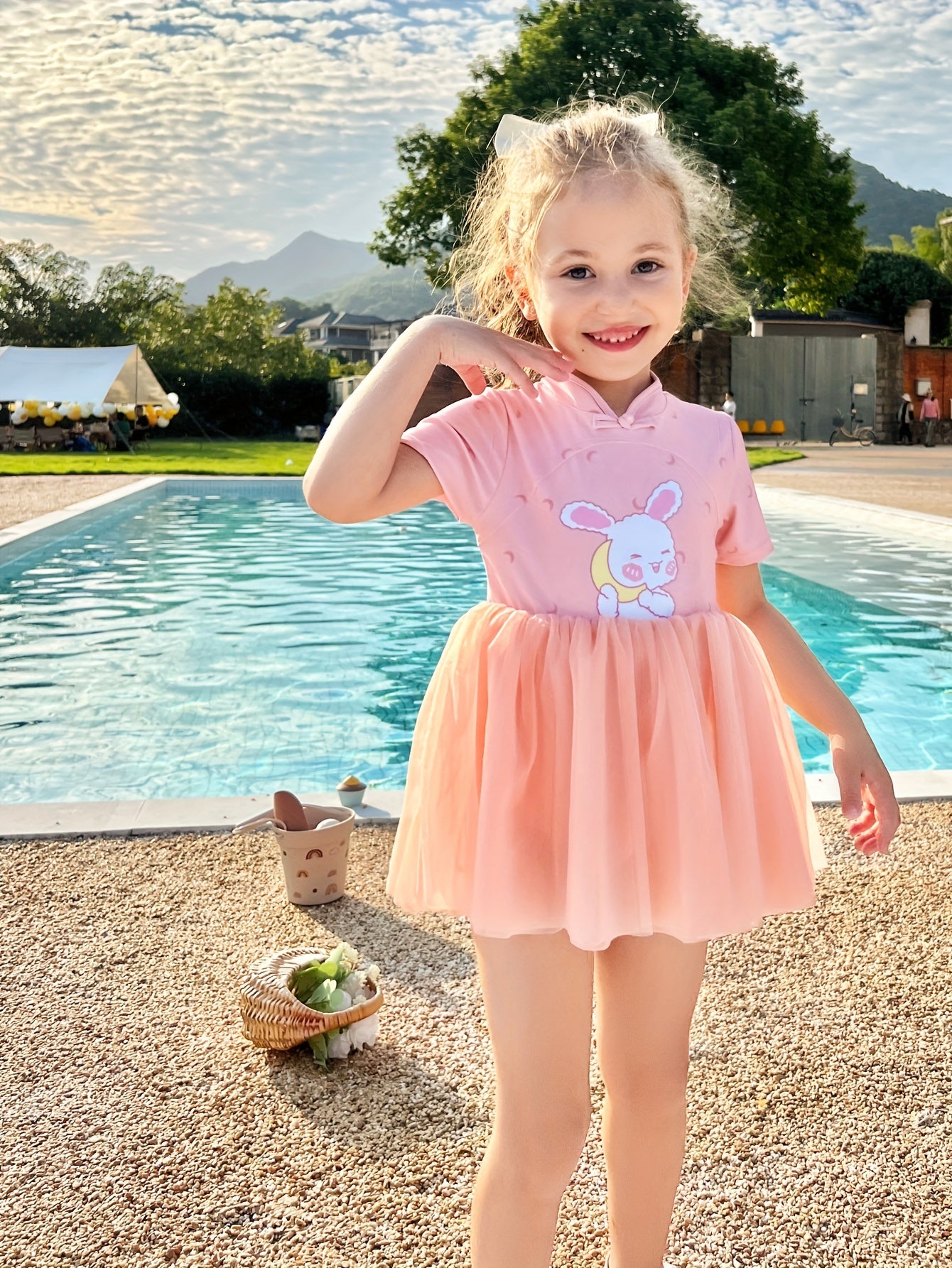 Girls Bunny Print Sun Protection Swimwear Qipao Style Bathing Suit