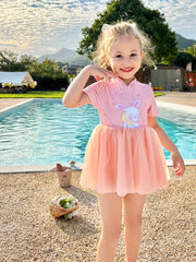 Girls Bunny Print Sun Protection Swimwear Qipao Style Bathing Suit
