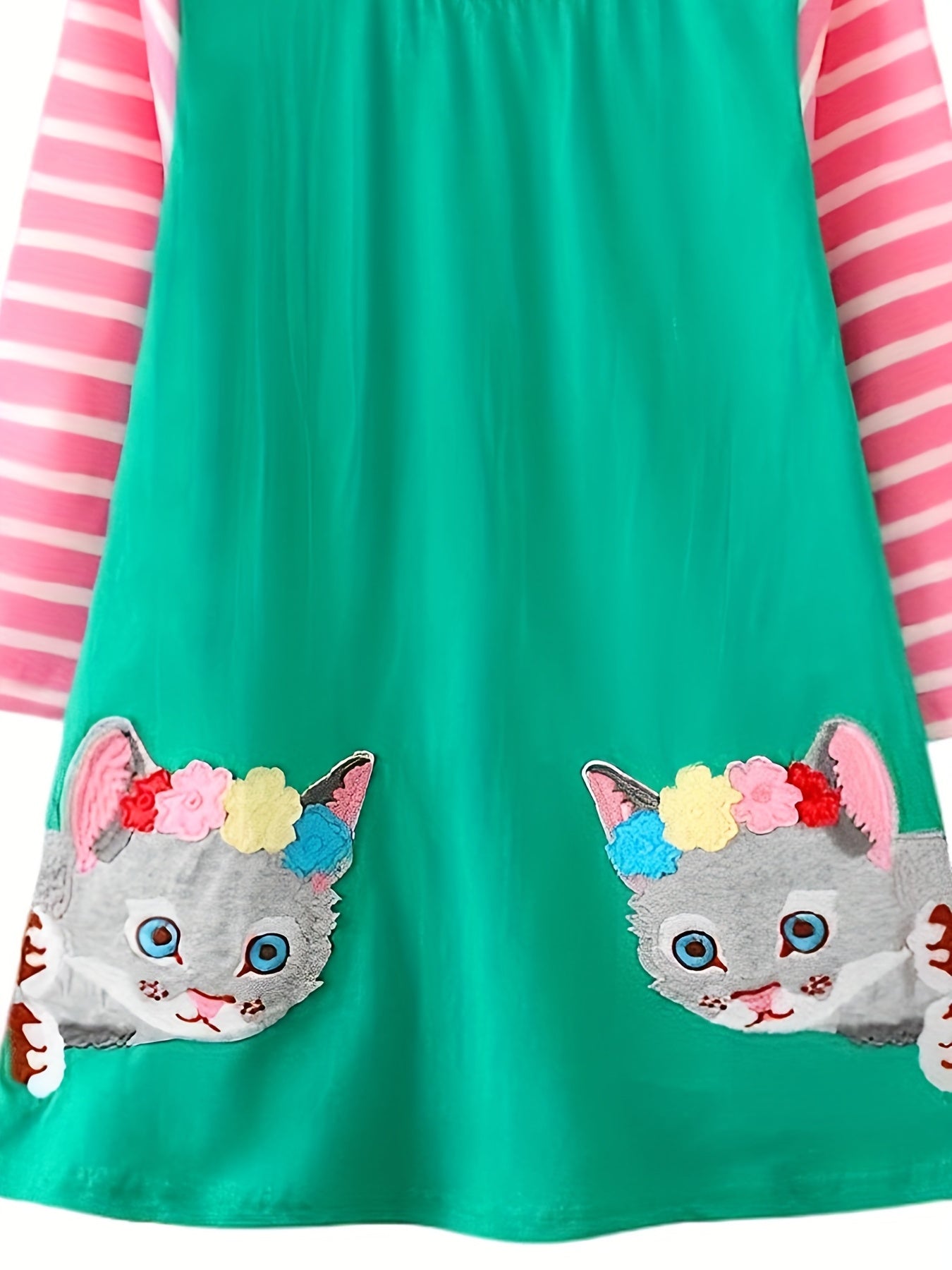 Girls' Kitty Embroidered Long Sleeve Shirt Dress With Stripe Contrast Sleeves