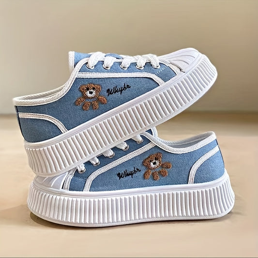 Women's Bear Pattern Platform Canvas Sneakers Soft Sole Skate Shoes