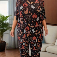  Halloween Loungewear Ghost & Pumpkin Print Tee & Pants Pajama Set