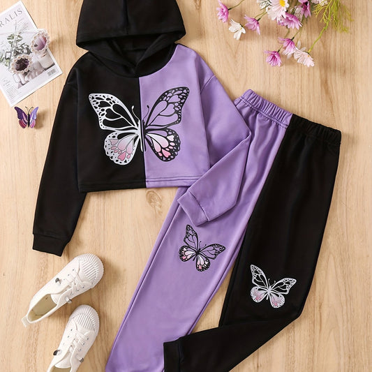2 Girls Butterfly Print Crop Hoodie Sweatshirt & Pants Set