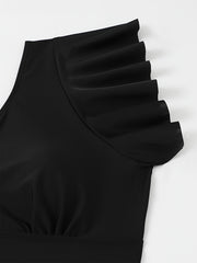  Vacay Tankini Set Women's Plus Solid Ruffle Sleeve V Neck Crop Top