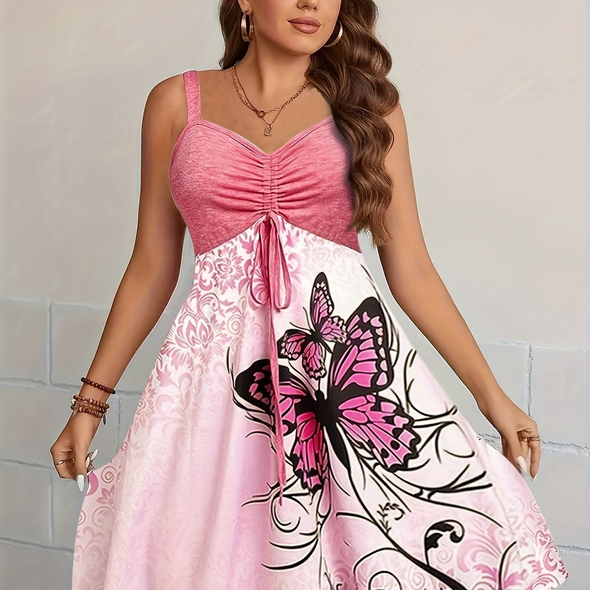  Butterfly & Floral Print Tie Front V Neck A Line Cami Dress