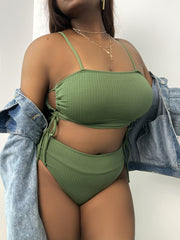 Solid Ribbed Side Knot Cut Out Bikini Set Plus