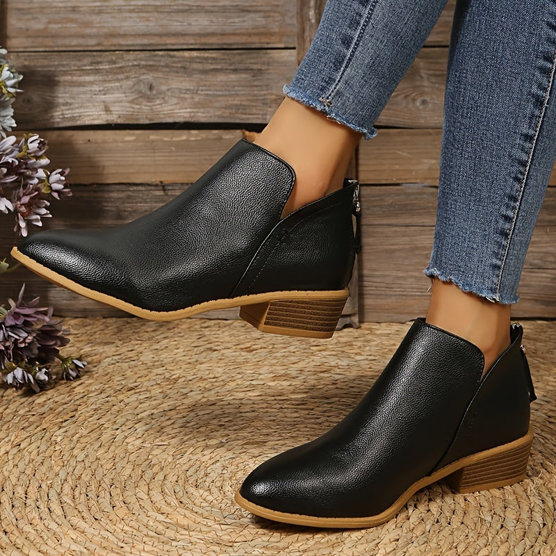 Women's Low Heel Ankle Boots Pointed Toe Stacked Heels Short Boots