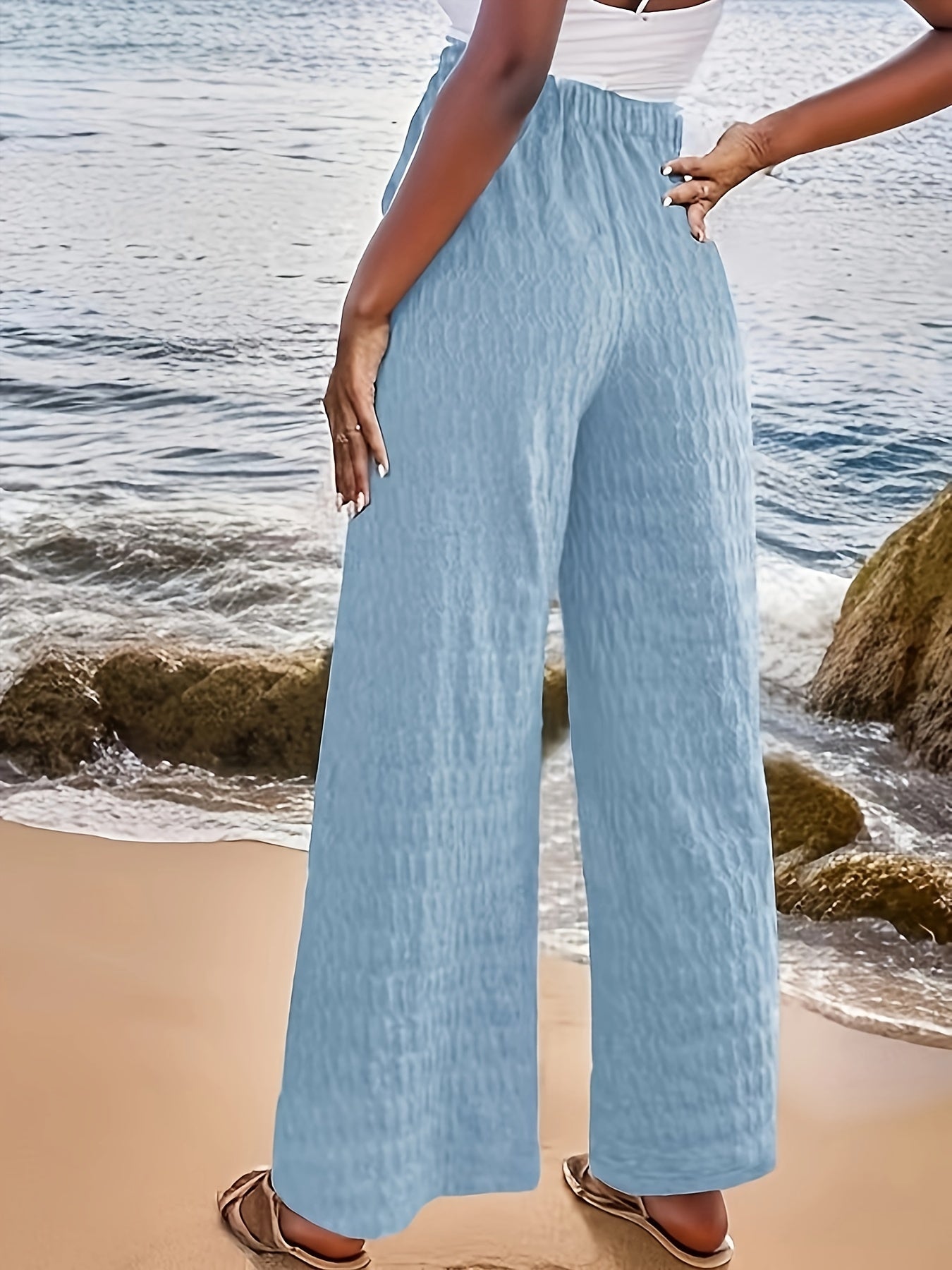  Solid Textured Wide Leg Trousers With Pockets