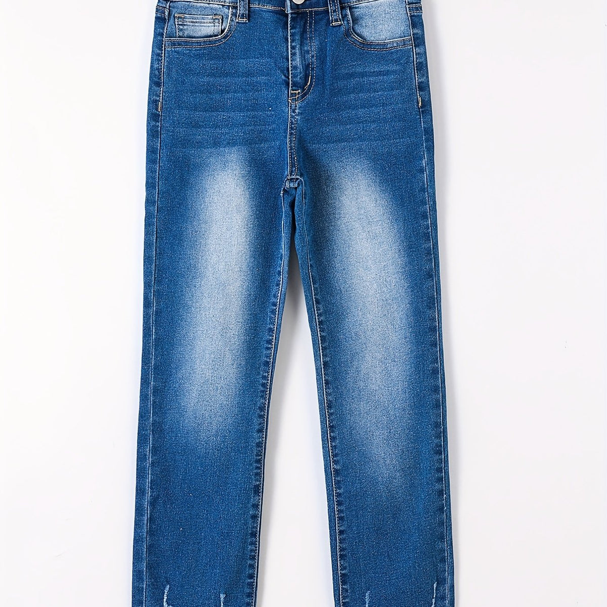 Girls' Stretch Straight Leg Jeans Slightly Frayed Denim Trousers