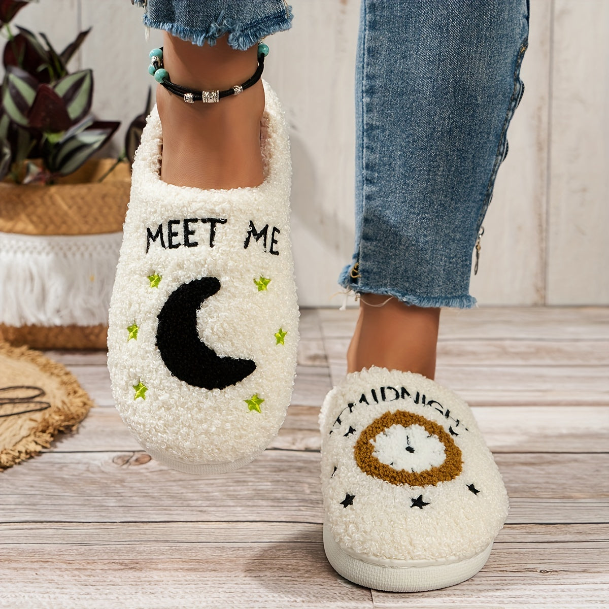 Women's Cozy Fuzzy Slippers Midnight Moon Clock Shoes Plush Slippers