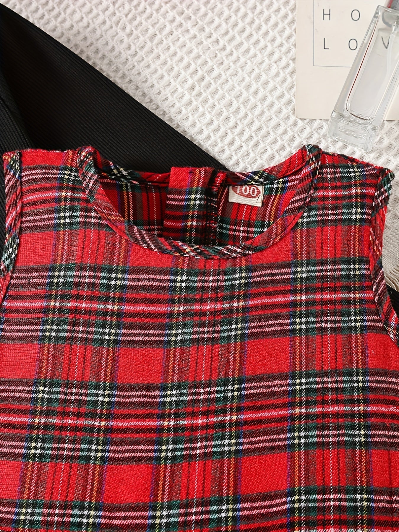 2pcs Girls Plaid Tunic Dress Bow Shawl Cover Up Tops