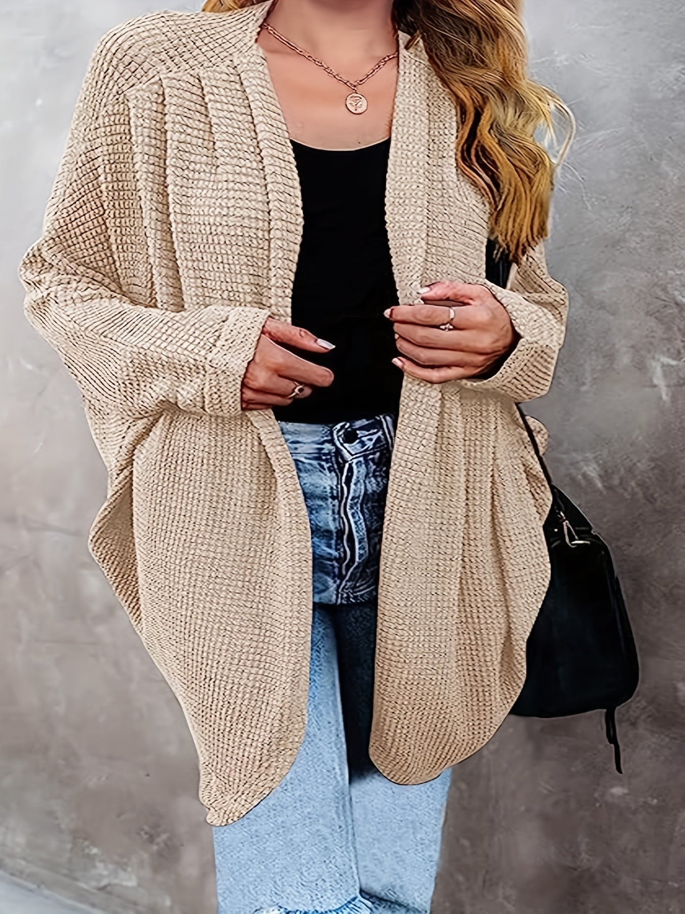  Waffle Knit Bat Sleeve Open Front Sweater Cardigan